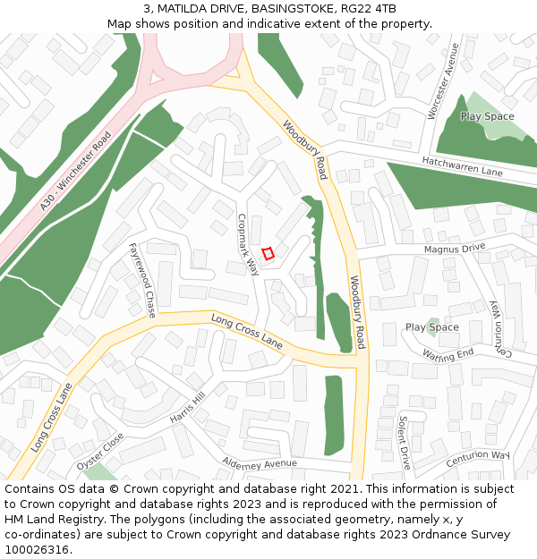 3, MATILDA DRIVE, BASINGSTOKE, RG22 4TB: Location map and indicative extent of plot