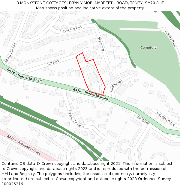 3 MONKSTONE COTTAGES, BRYN Y MOR, NARBERTH ROAD, TENBY, SA70 8HT: Location map and indicative extent of plot