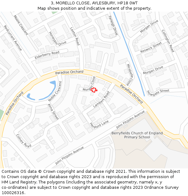 3, MORELLO CLOSE, AYLESBURY, HP18 0WT: Location map and indicative extent of plot