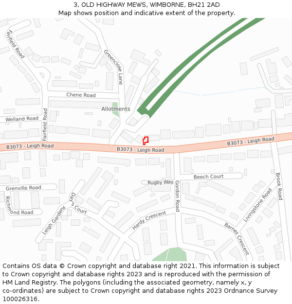 3, OLD HIGHWAY MEWS, WIMBORNE, BH21 2AD: Location map and indicative extent of plot