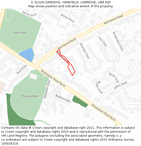 3, OLIVIA GARDENS, HAREFIELD, UXBRIDGE, UB9 6QF: Location map and indicative extent of plot