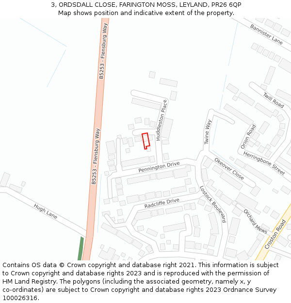 3, ORDSDALL CLOSE, FARINGTON MOSS, LEYLAND, PR26 6QP: Location map and indicative extent of plot