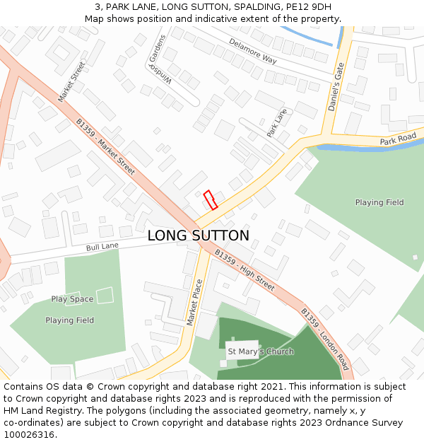 3, PARK LANE, LONG SUTTON, SPALDING, PE12 9DH: Location map and indicative extent of plot