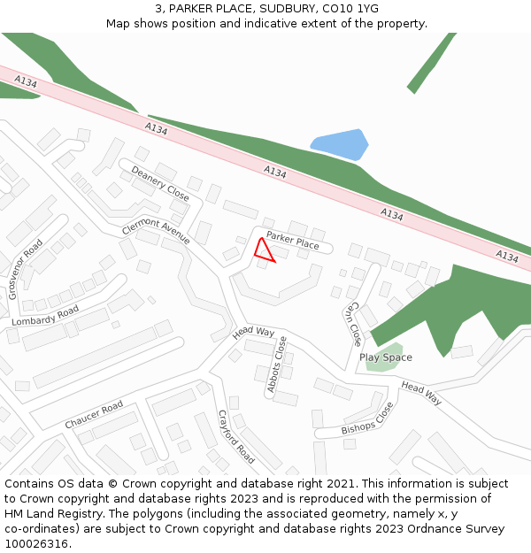 3, PARKER PLACE, SUDBURY, CO10 1YG: Location map and indicative extent of plot
