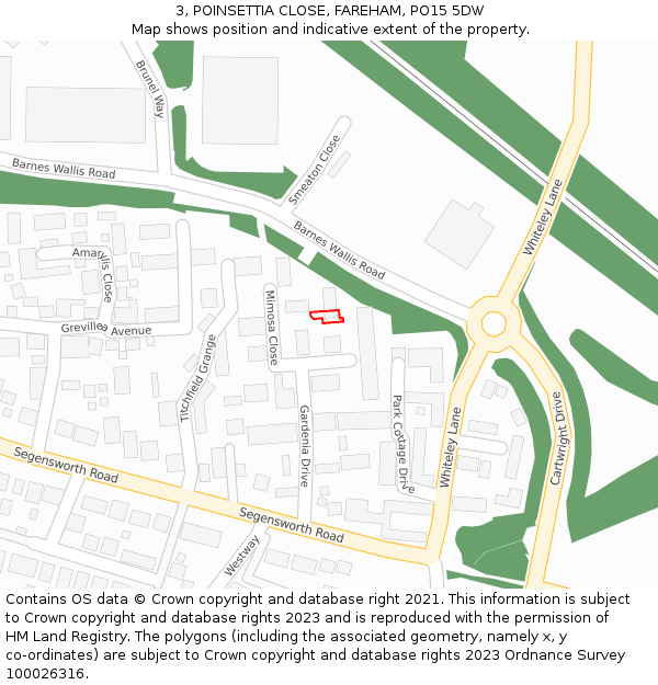 3, POINSETTIA CLOSE, FAREHAM, PO15 5DW: Location map and indicative extent of plot