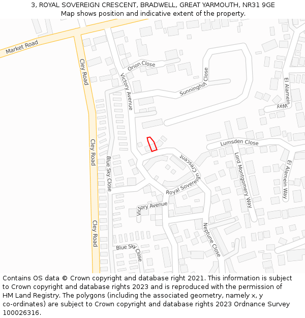 3, ROYAL SOVEREIGN CRESCENT, BRADWELL, GREAT YARMOUTH, NR31 9GE: Location map and indicative extent of plot