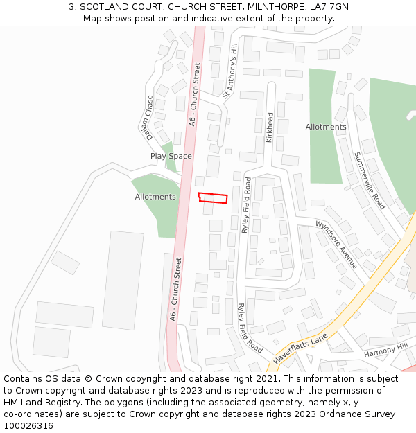 3, SCOTLAND COURT, CHURCH STREET, MILNTHORPE, LA7 7GN: Location map and indicative extent of plot