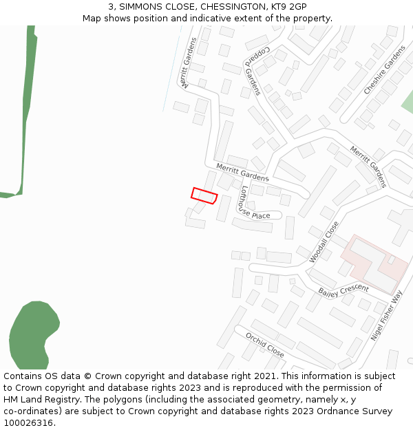 3, SIMMONS CLOSE, CHESSINGTON, KT9 2GP: Location map and indicative extent of plot