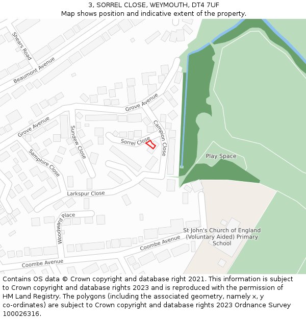 3, SORREL CLOSE, WEYMOUTH, DT4 7UF: Location map and indicative extent of plot