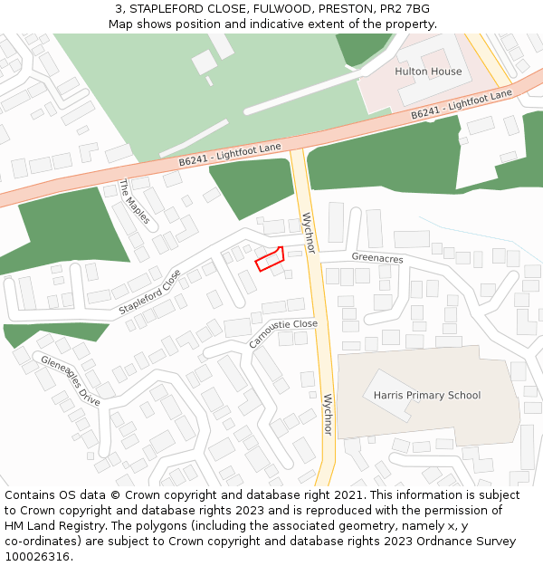 3, STAPLEFORD CLOSE, FULWOOD, PRESTON, PR2 7BG: Location map and indicative extent of plot