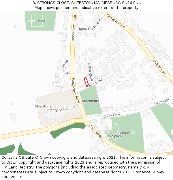 3, STRONGS CLOSE, SHERSTON, MALMESBURY, SN16 0NU: Location map and indicative extent of plot
