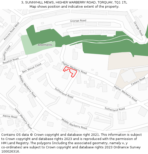3, SUNNYHILL MEWS, HIGHER WARBERRY ROAD, TORQUAY, TQ1 1TL: Location map and indicative extent of plot