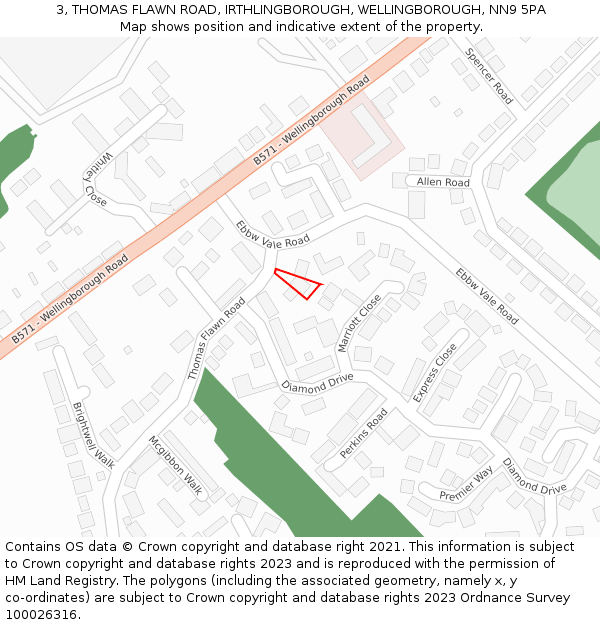 3, THOMAS FLAWN ROAD, IRTHLINGBOROUGH, WELLINGBOROUGH, NN9 5PA: Location map and indicative extent of plot