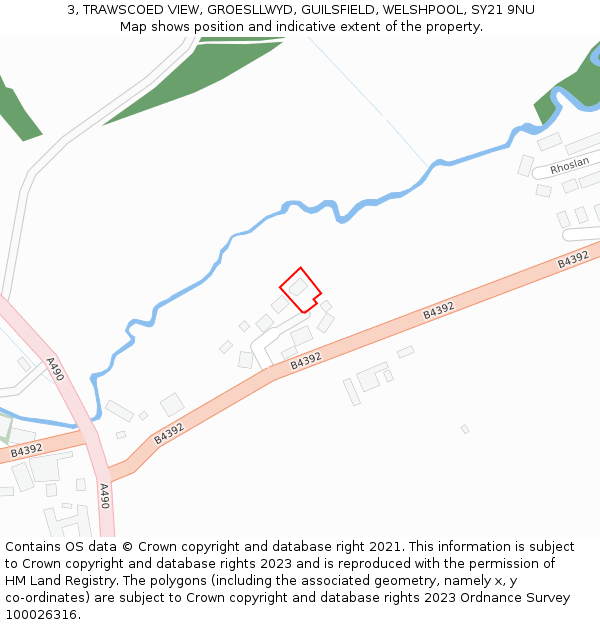 3, TRAWSCOED VIEW, GROESLLWYD, GUILSFIELD, WELSHPOOL, SY21 9NU: Location map and indicative extent of plot