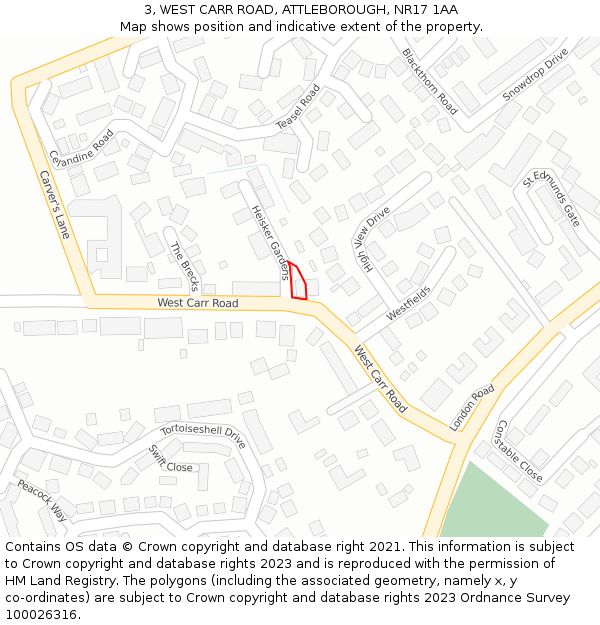 3, WEST CARR ROAD, ATTLEBOROUGH, NR17 1AA: Location map and indicative extent of plot