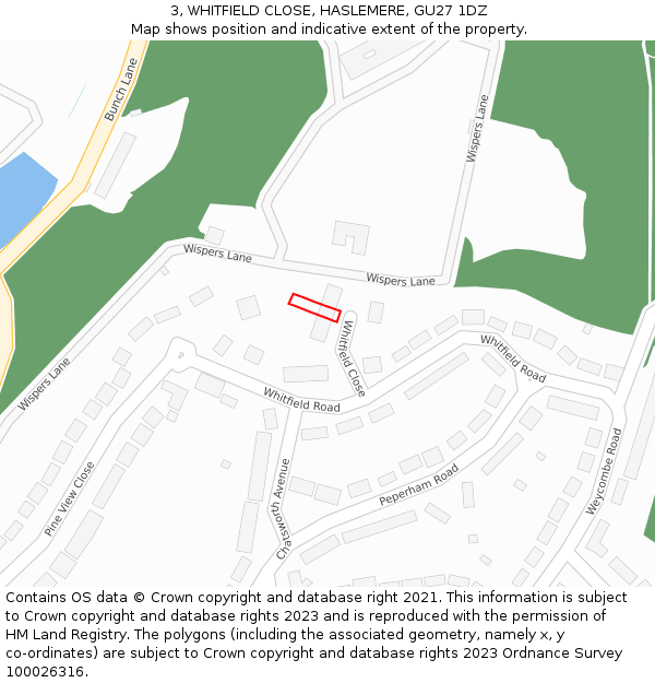 3, WHITFIELD CLOSE, HASLEMERE, GU27 1DZ: Location map and indicative extent of plot