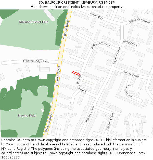 30, BALFOUR CRESCENT, NEWBURY, RG14 6SP: Location map and indicative extent of plot