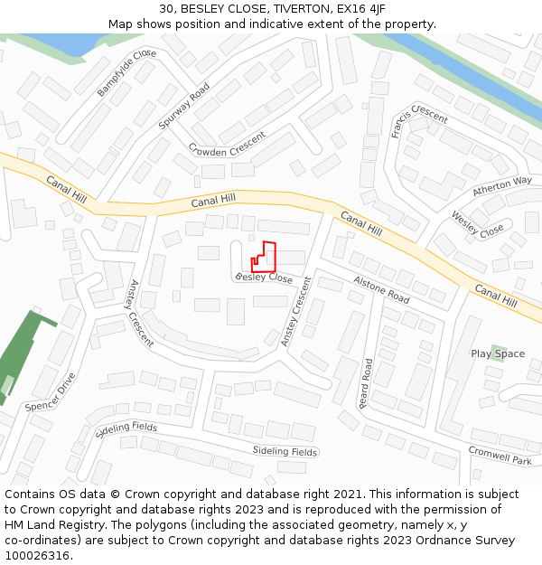 30, BESLEY CLOSE, TIVERTON, EX16 4JF: Location map and indicative extent of plot