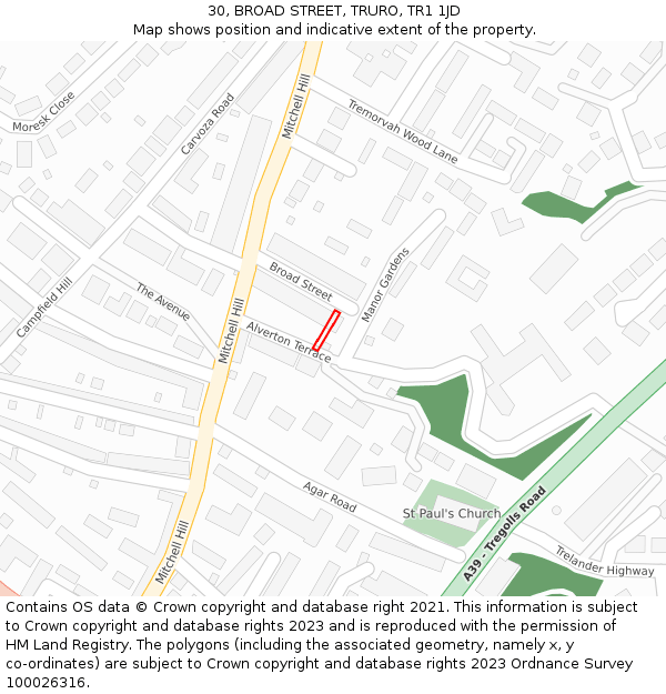 30, BROAD STREET, TRURO, TR1 1JD: Location map and indicative extent of plot