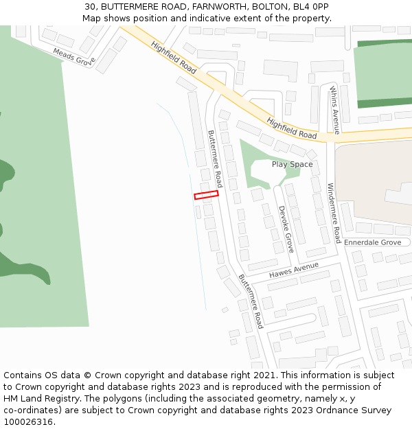 30, BUTTERMERE ROAD, FARNWORTH, BOLTON, BL4 0PP: Location map and indicative extent of plot