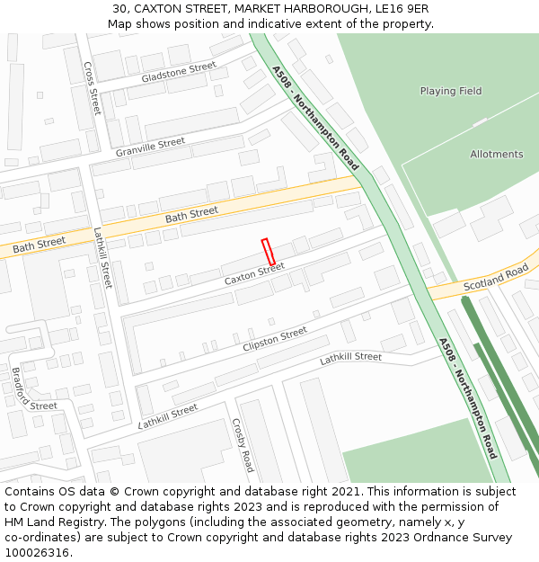30, CAXTON STREET, MARKET HARBOROUGH, LE16 9ER: Location map and indicative extent of plot