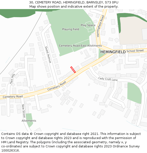 30, CEMETERY ROAD, HEMINGFIELD, BARNSLEY, S73 0PU: Location map and indicative extent of plot