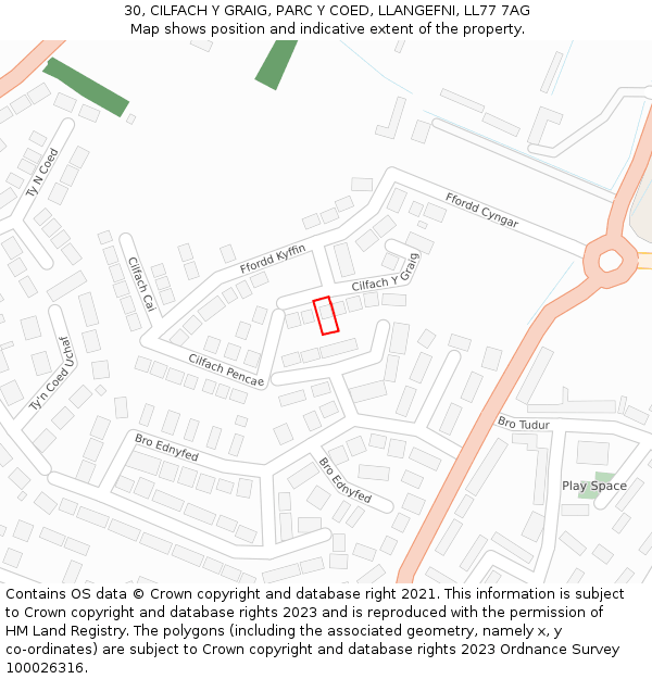 30, CILFACH Y GRAIG, PARC Y COED, LLANGEFNI, LL77 7AG: Location map and indicative extent of plot