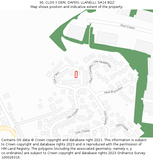 30, CLOS Y DERI, DAFEN, LLANELLI, SA14 8QZ: Location map and indicative extent of plot