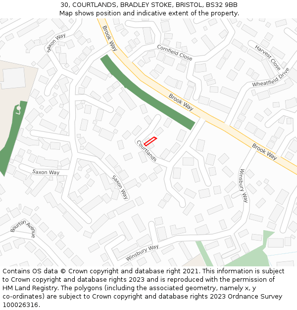 30, COURTLANDS, BRADLEY STOKE, BRISTOL, BS32 9BB: Location map and indicative extent of plot