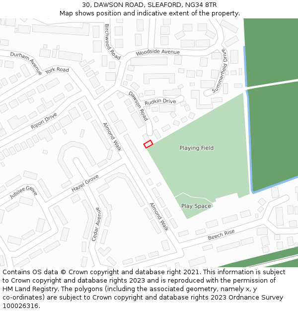 30, DAWSON ROAD, SLEAFORD, NG34 8TR: Location map and indicative extent of plot