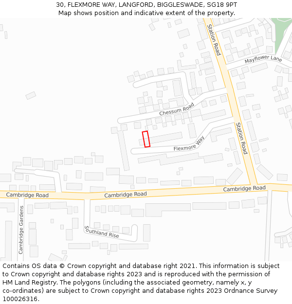 30, FLEXMORE WAY, LANGFORD, BIGGLESWADE, SG18 9PT: Location map and indicative extent of plot