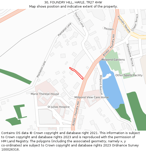 30, FOUNDRY HILL, HAYLE, TR27 4HW: Location map and indicative extent of plot