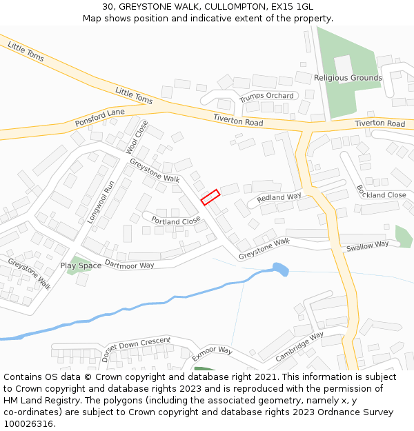 30, GREYSTONE WALK, CULLOMPTON, EX15 1GL: Location map and indicative extent of plot