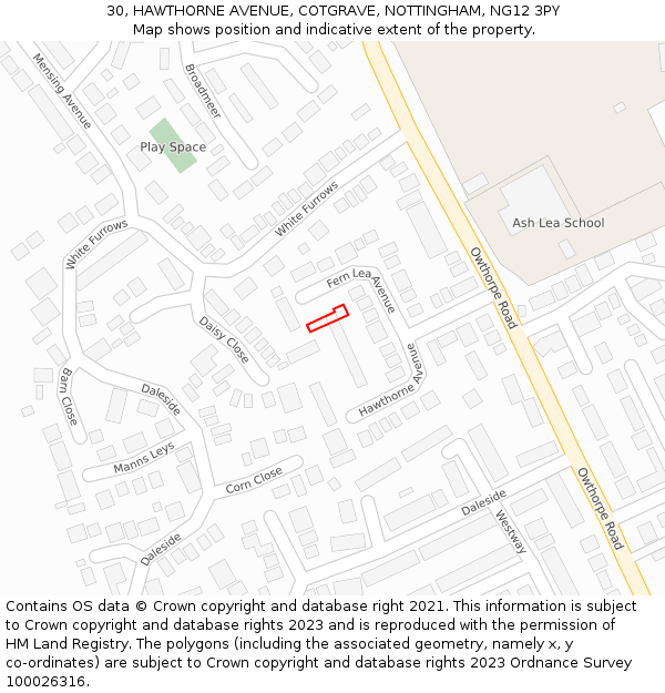 30, HAWTHORNE AVENUE, COTGRAVE, NOTTINGHAM, NG12 3PY: Location map and indicative extent of plot