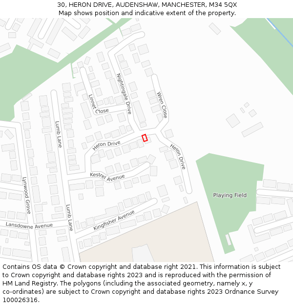 30, HERON DRIVE, AUDENSHAW, MANCHESTER, M34 5QX: Location map and indicative extent of plot