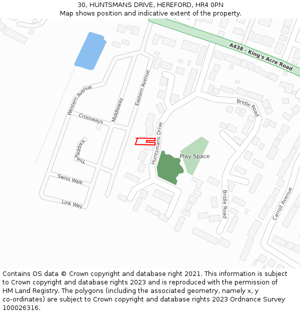 30, HUNTSMANS DRIVE, HEREFORD, HR4 0PN: Location map and indicative extent of plot