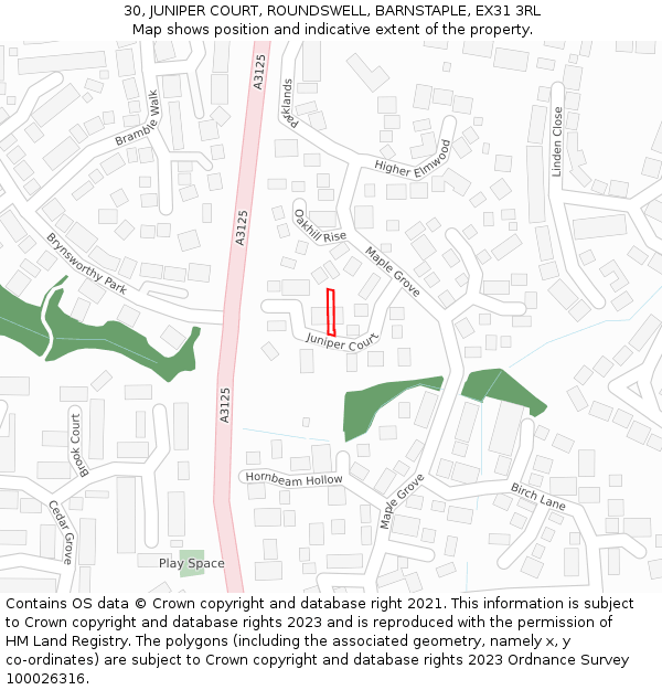 30, JUNIPER COURT, ROUNDSWELL, BARNSTAPLE, EX31 3RL: Location map and indicative extent of plot