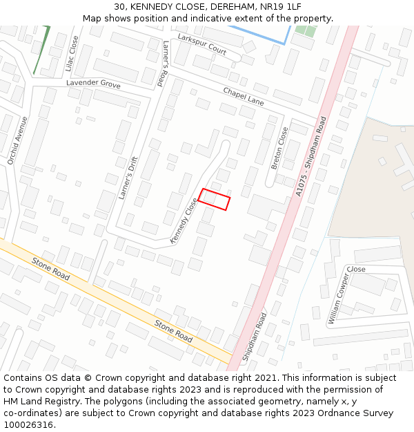 30, KENNEDY CLOSE, DEREHAM, NR19 1LF: Location map and indicative extent of plot