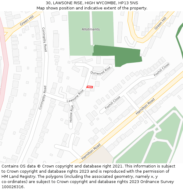 30, LAWSONE RISE, HIGH WYCOMBE, HP13 5NS: Location map and indicative extent of plot