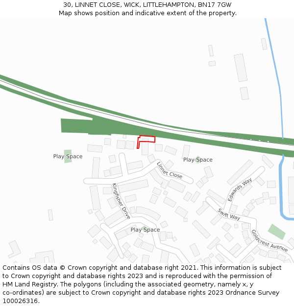 30, LINNET CLOSE, WICK, LITTLEHAMPTON, BN17 7GW: Location map and indicative extent of plot