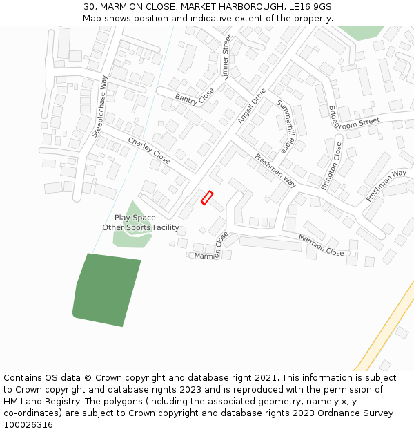 30, MARMION CLOSE, MARKET HARBOROUGH, LE16 9GS: Location map and indicative extent of plot