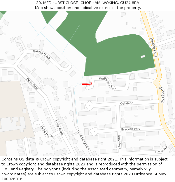 30, MEDHURST CLOSE, CHOBHAM, WOKING, GU24 8PA: Location map and indicative extent of plot
