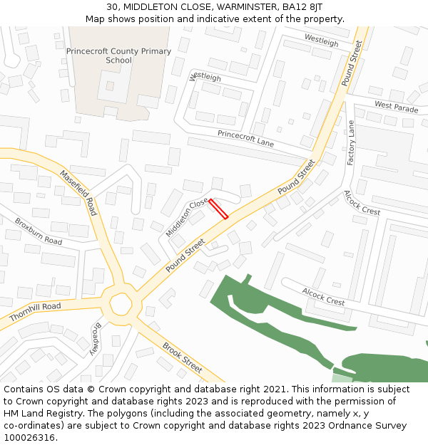 30, MIDDLETON CLOSE, WARMINSTER, BA12 8JT: Location map and indicative extent of plot