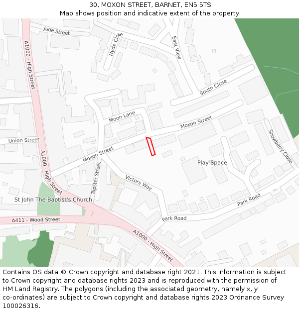 30, MOXON STREET, BARNET, EN5 5TS: Location map and indicative extent of plot