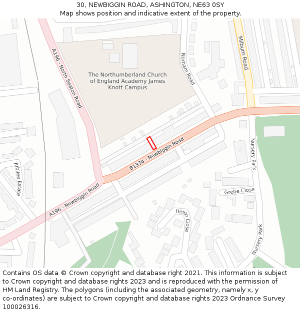 30, NEWBIGGIN ROAD, ASHINGTON, NE63 0SY: Location map and indicative extent of plot