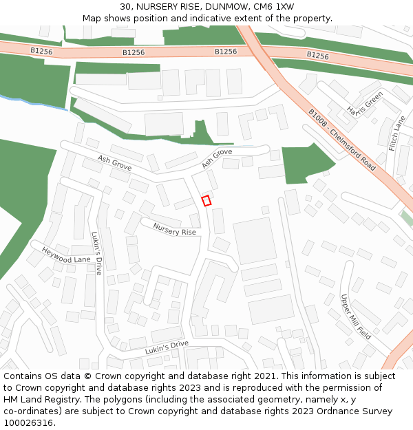 30, NURSERY RISE, DUNMOW, CM6 1XW: Location map and indicative extent of plot