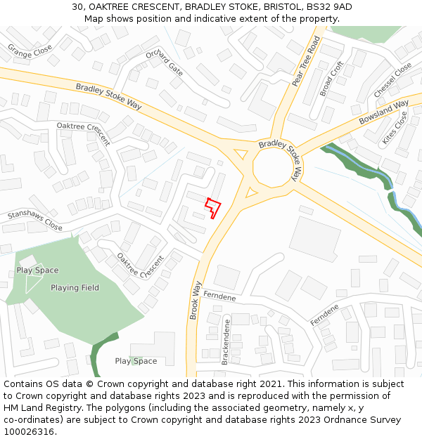 30, OAKTREE CRESCENT, BRADLEY STOKE, BRISTOL, BS32 9AD: Location map and indicative extent of plot