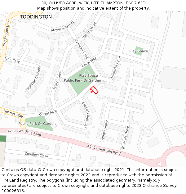 30, OLLIVER ACRE, WICK, LITTLEHAMPTON, BN17 6FD: Location map and indicative extent of plot