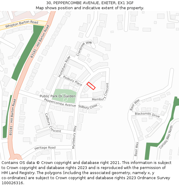 30, PEPPERCOMBE AVENUE, EXETER, EX1 3GF: Location map and indicative extent of plot