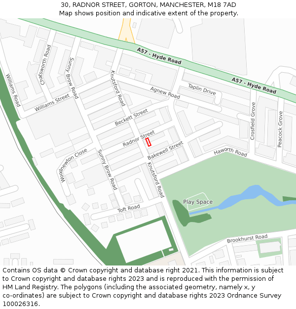 30, RADNOR STREET, GORTON, MANCHESTER, M18 7AD: Location map and indicative extent of plot